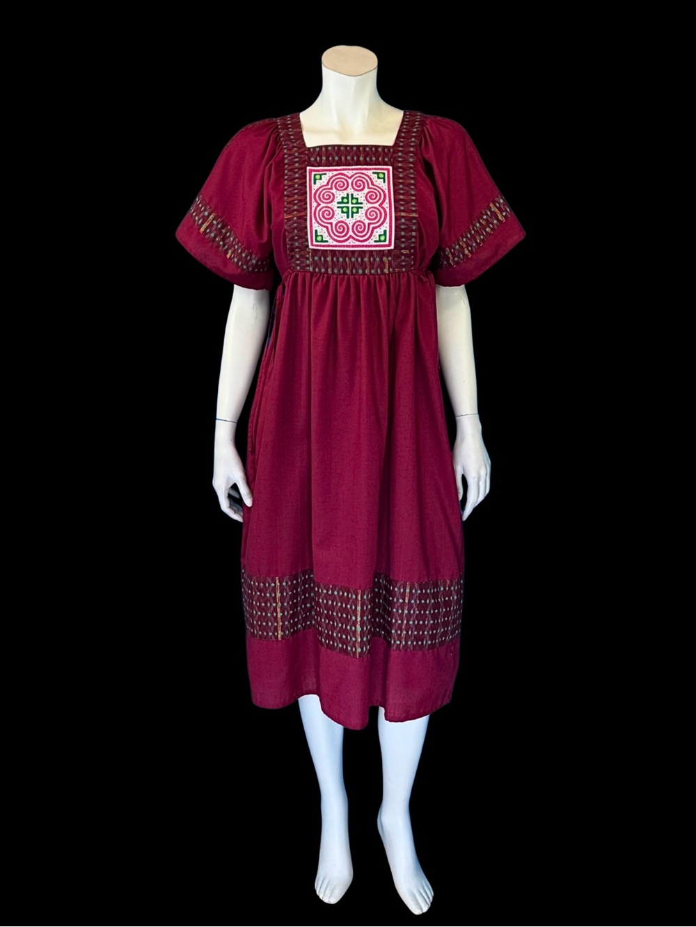 1970s Embroidered Cotton Burgundy Folk Dress | S